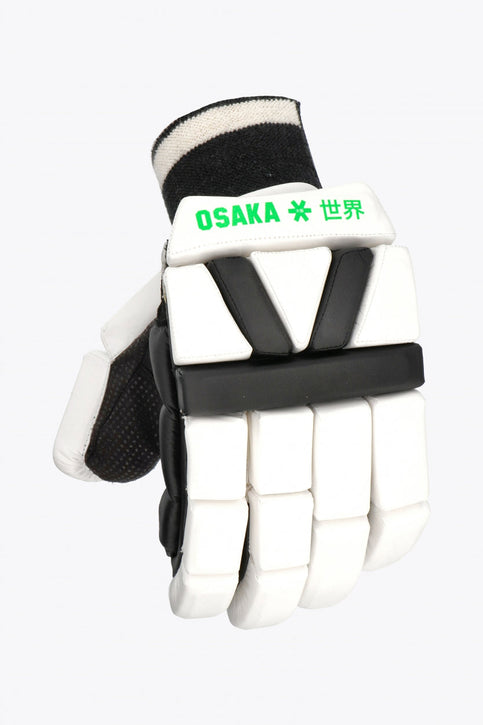Osaka Indoor Hockey Glove | White-Black Osaka indoor glove white and black with green logo. top view