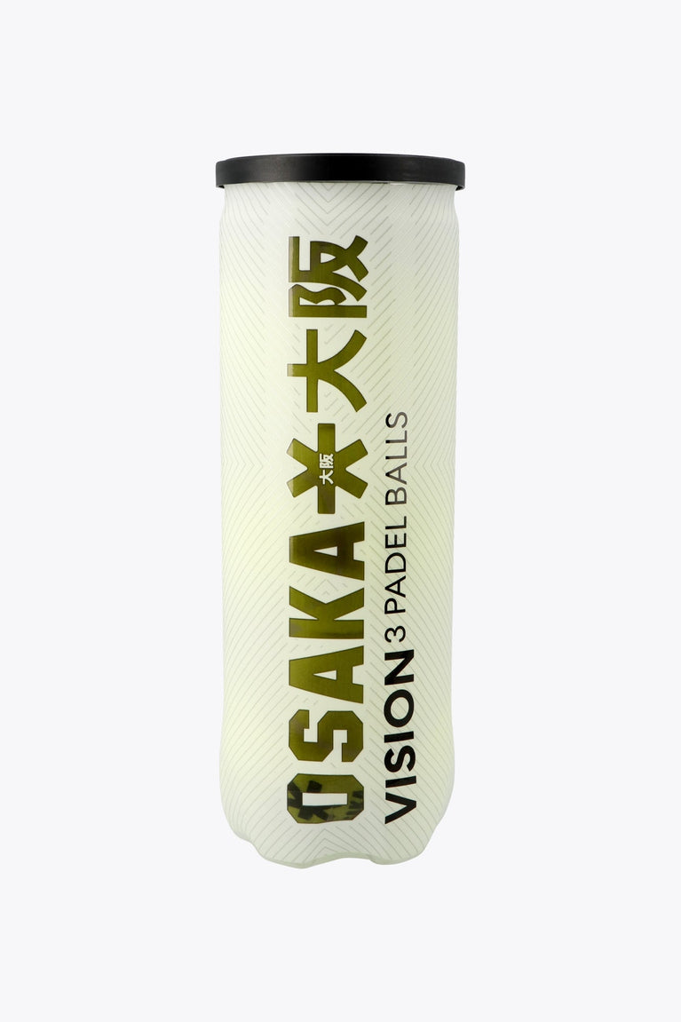Osaka pro tour 3 padel balls in white tube. Front view