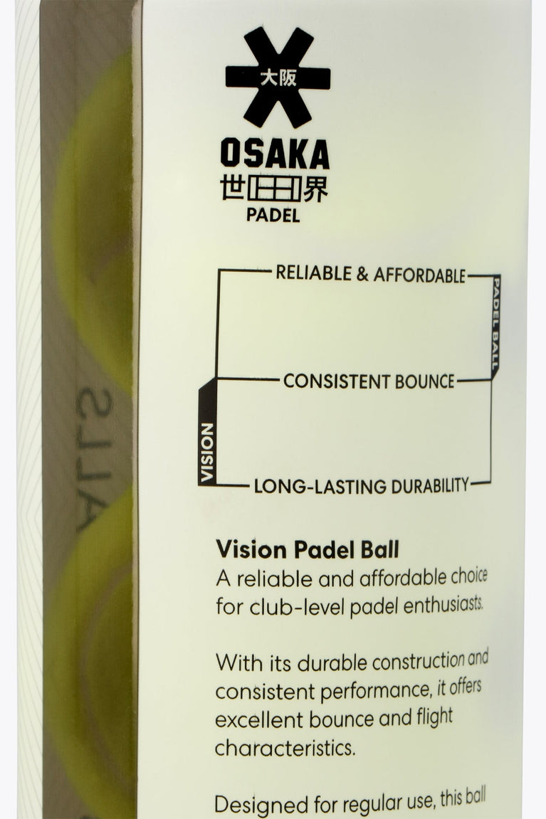 Osaka pro tour 3 padel balls in white tube. Close view