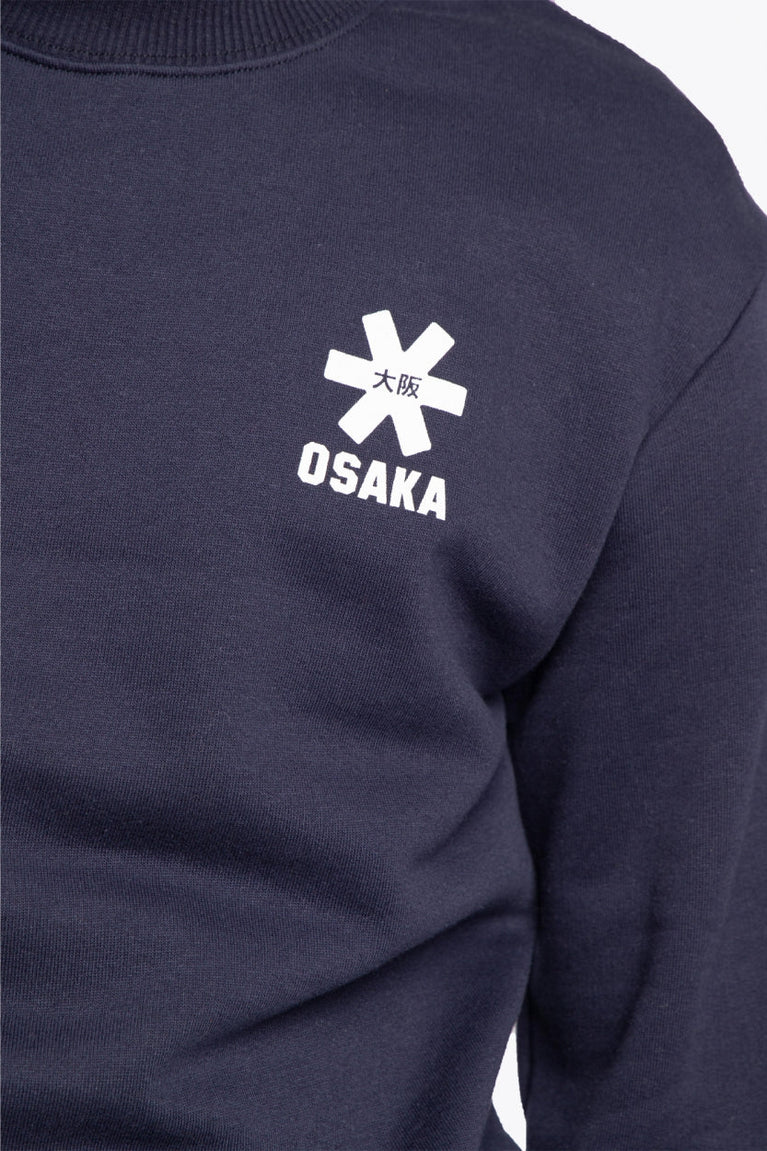 The Osaka navy basic unisex sweater with logo in white. Front detail logo view