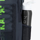 Osaka Pro Tour backpack in black with logo in green. Detail water bottle holder view