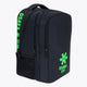 Osaka sports backpack in black with logo in green. Side view