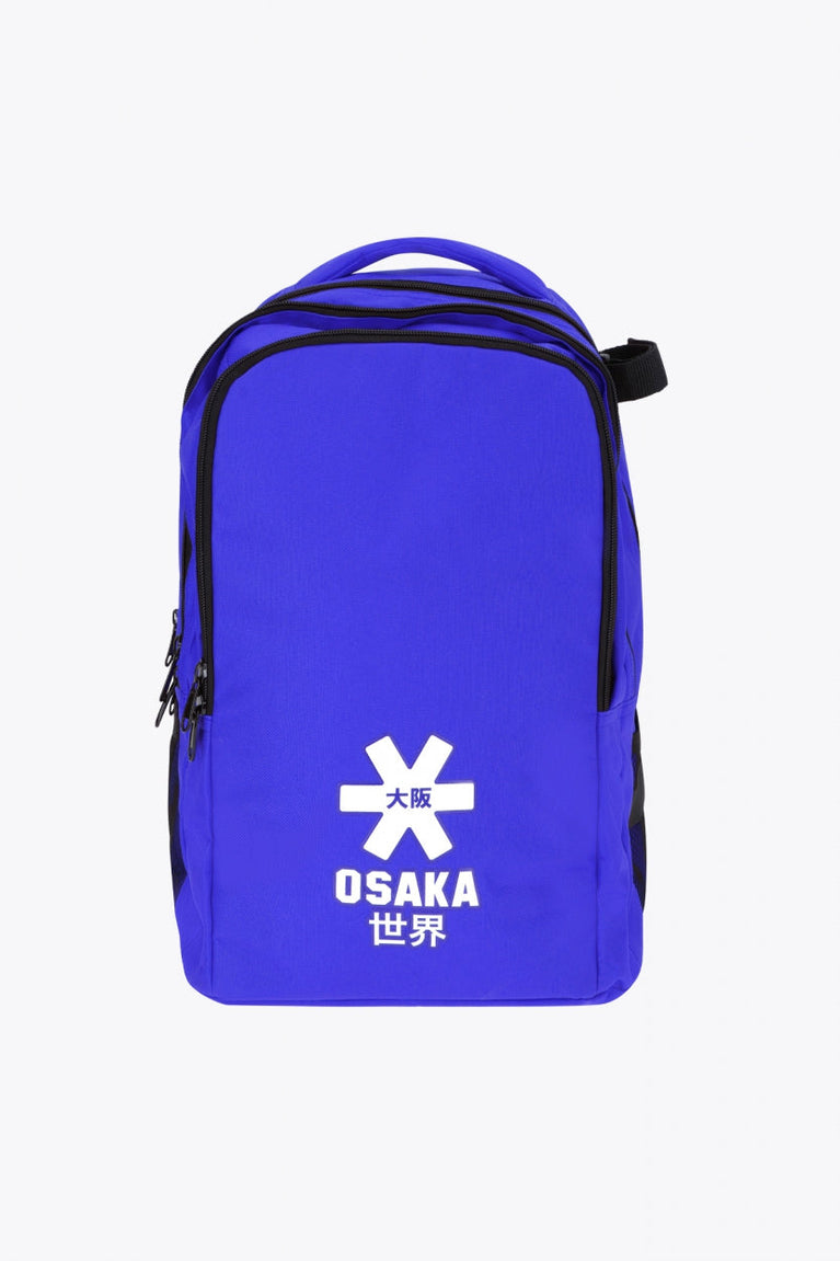 Osaka sports backpack in blue with logo in white. Front view