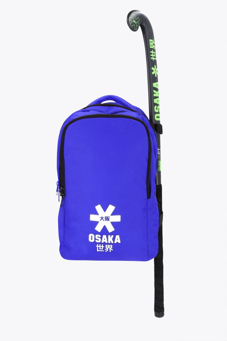 Osaka sports backpack in blue with logo in white. Front view