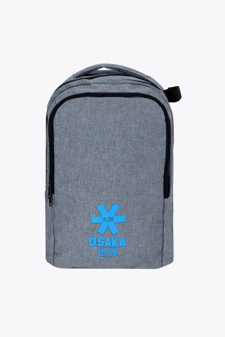Osaka sports backpack in light grey with logo in blue. Front view