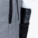 Osaka sports backpack in light grey with logo in blue. Water bottle holder view