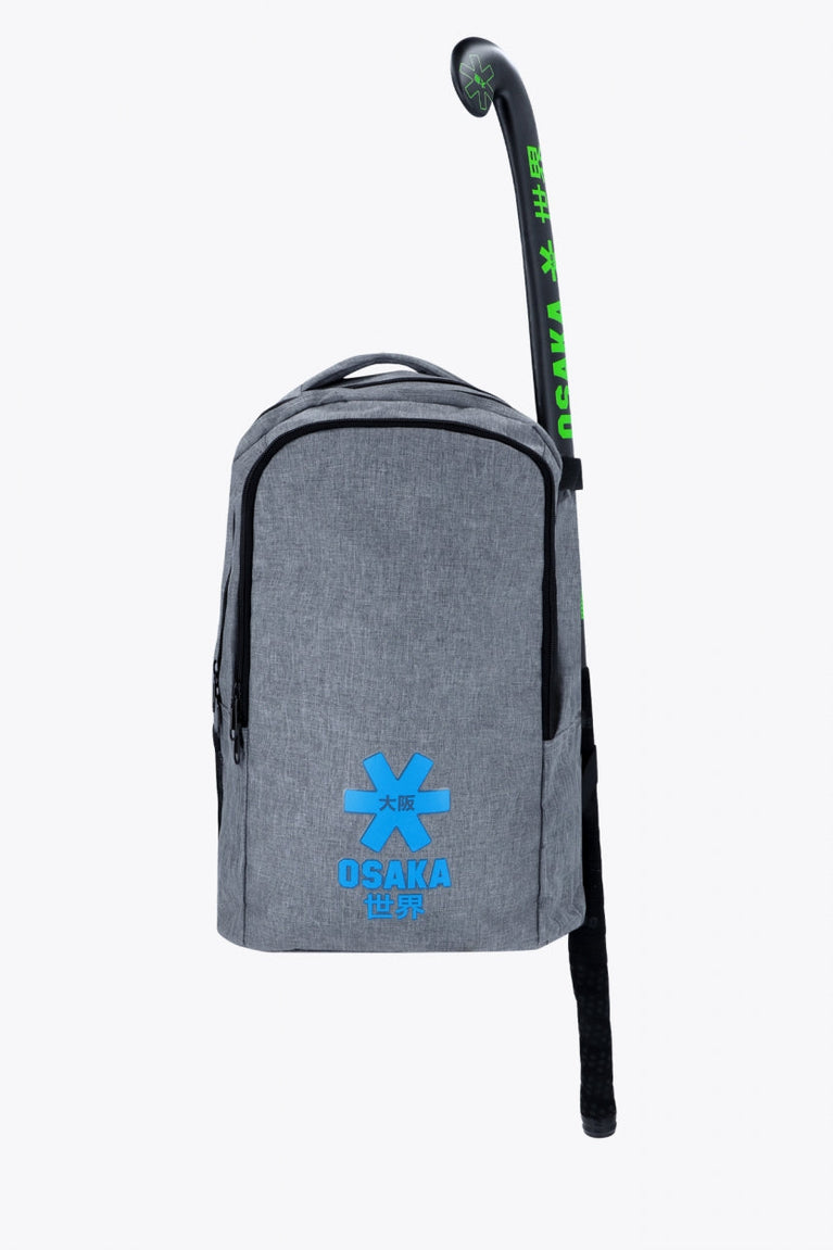 Osaka sports backpack in light grey with logo in blue. Front view