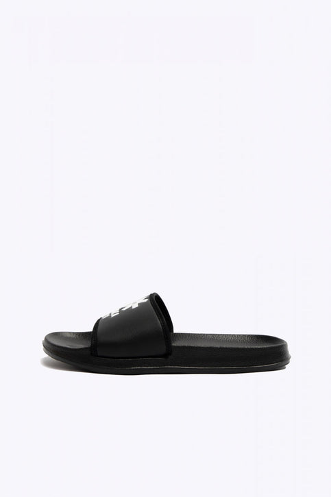 Osaka Sliders | Black Osaka slippers black with logo in white. From above view