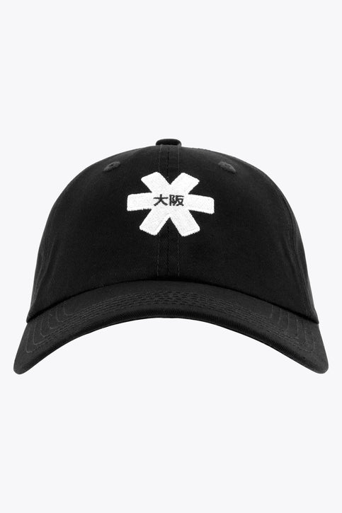 Osaka Baseball Cap Twill | Black Osaka baseball cap in black with logo in white. Side view