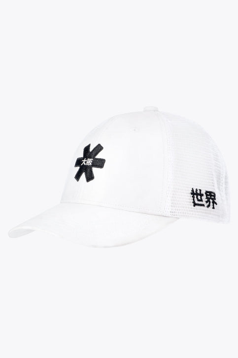 Osaka Trucker Cap | White Osaka trucker cap in white with logo in black. Side view
