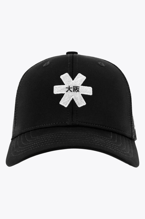 Osaka Trucker Cap | Black Osaka trucker cap in black with logo in white. Side view