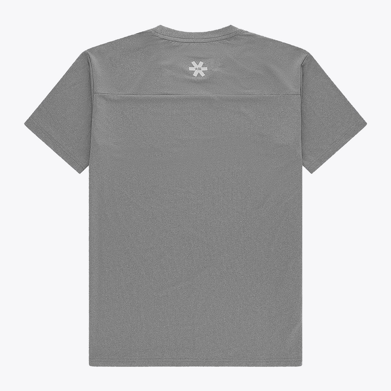 Back view of Osaka Men’s Apex Training Tee in Quiet Gray featuring reflective back logo, athletic fit, and breathable moisture-wicking fabric.