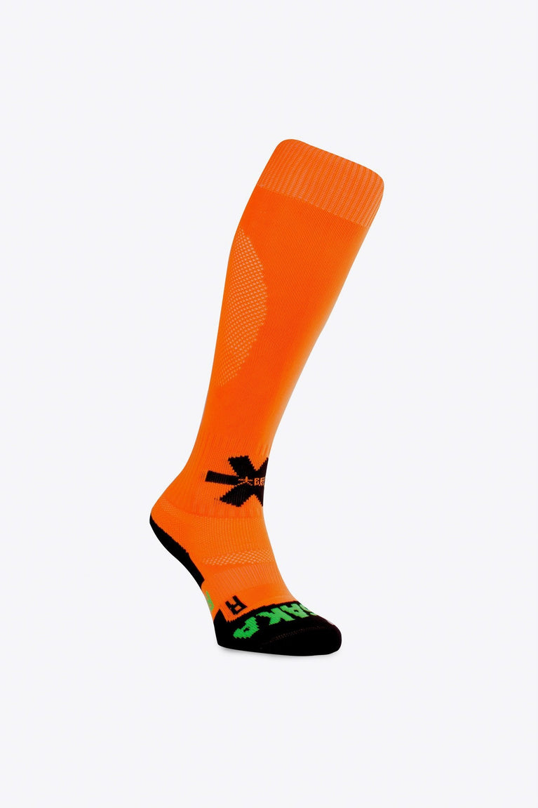 Osaka Field Hockey Socks in orange with Osaka logo in green. Side view
