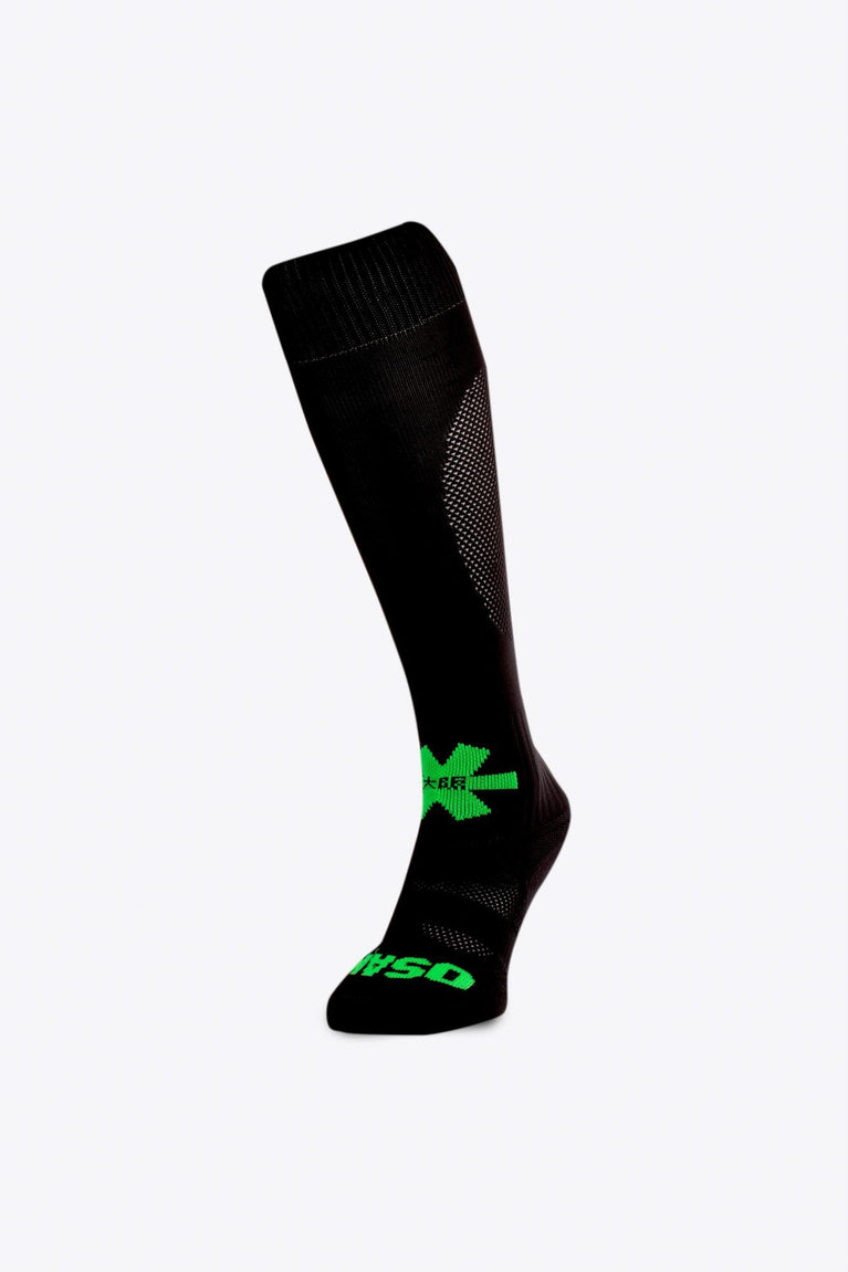 Osaka Field Hockey Socks black with Osaka logo in green. Front view