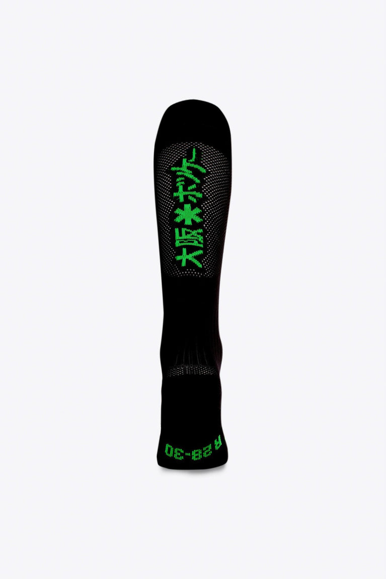 Osaka Field Hockey Socks black with Osaka logo in green. Back view