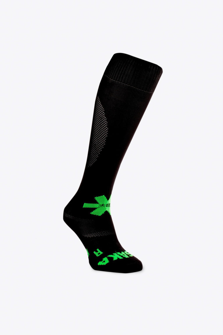 Osaka Field Hockey Socks black with Osaka logo in green. Side view