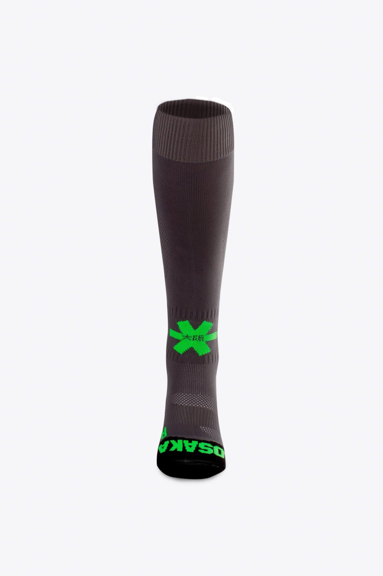 Osaka Field Hockey Socks in grey with Osaka logo in green. Front view
