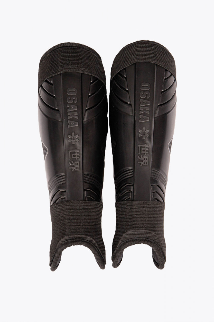 Osaka black shinguard with logo. Front view