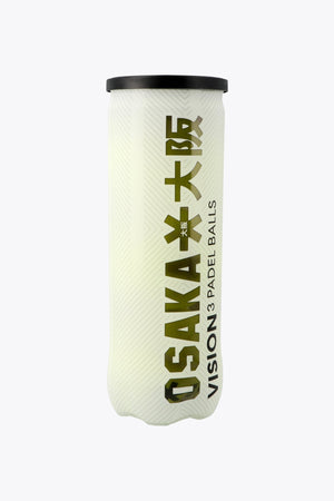 Osaka pro tour 3 padel balls in white tube. Front view