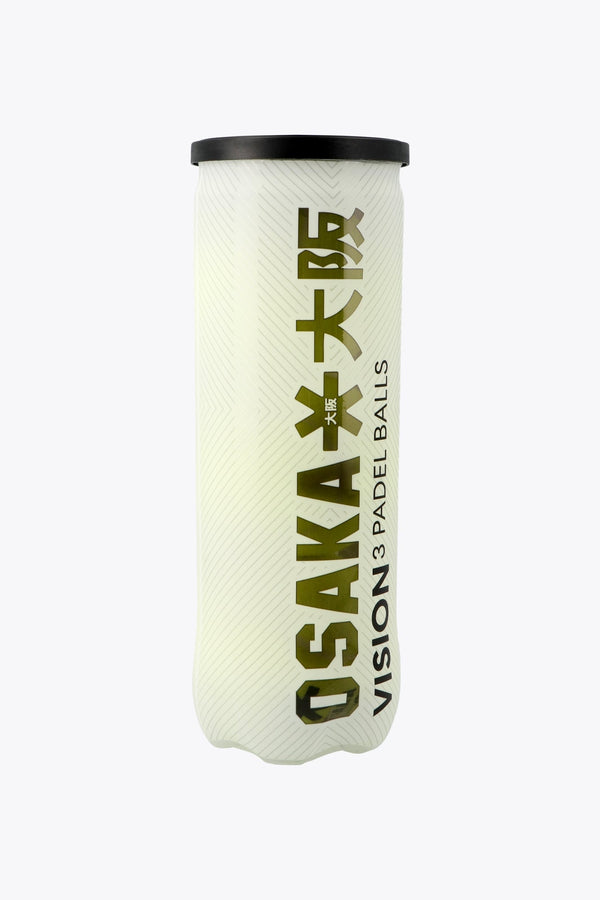 Osaka pro tour 3 padel balls in white tube. Front view
