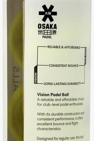 Osaka pro tour 3 padel balls in white tube. Close view