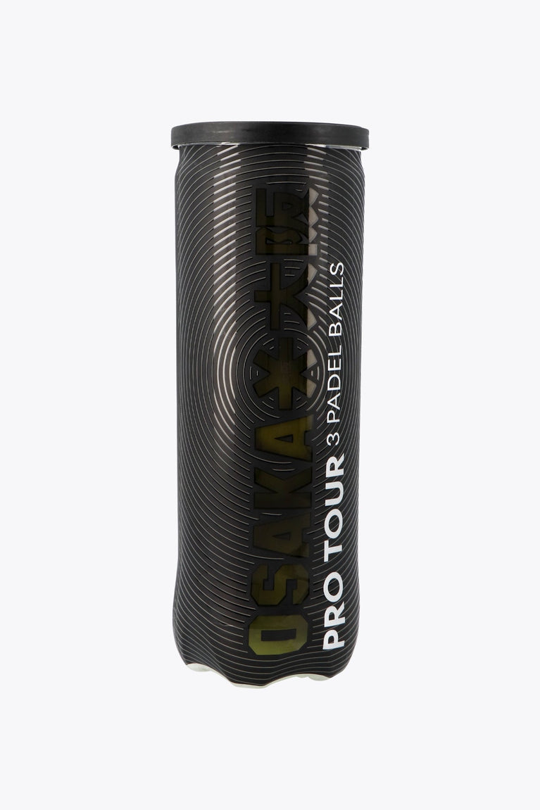 Osaka pro tour 3 padel balls in black tube. Front view