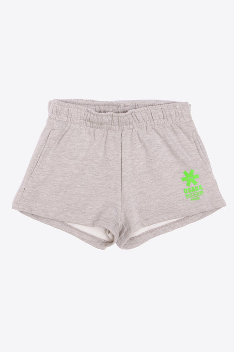 Osaka women shorts in grey with neon green logo. Front flatlay view