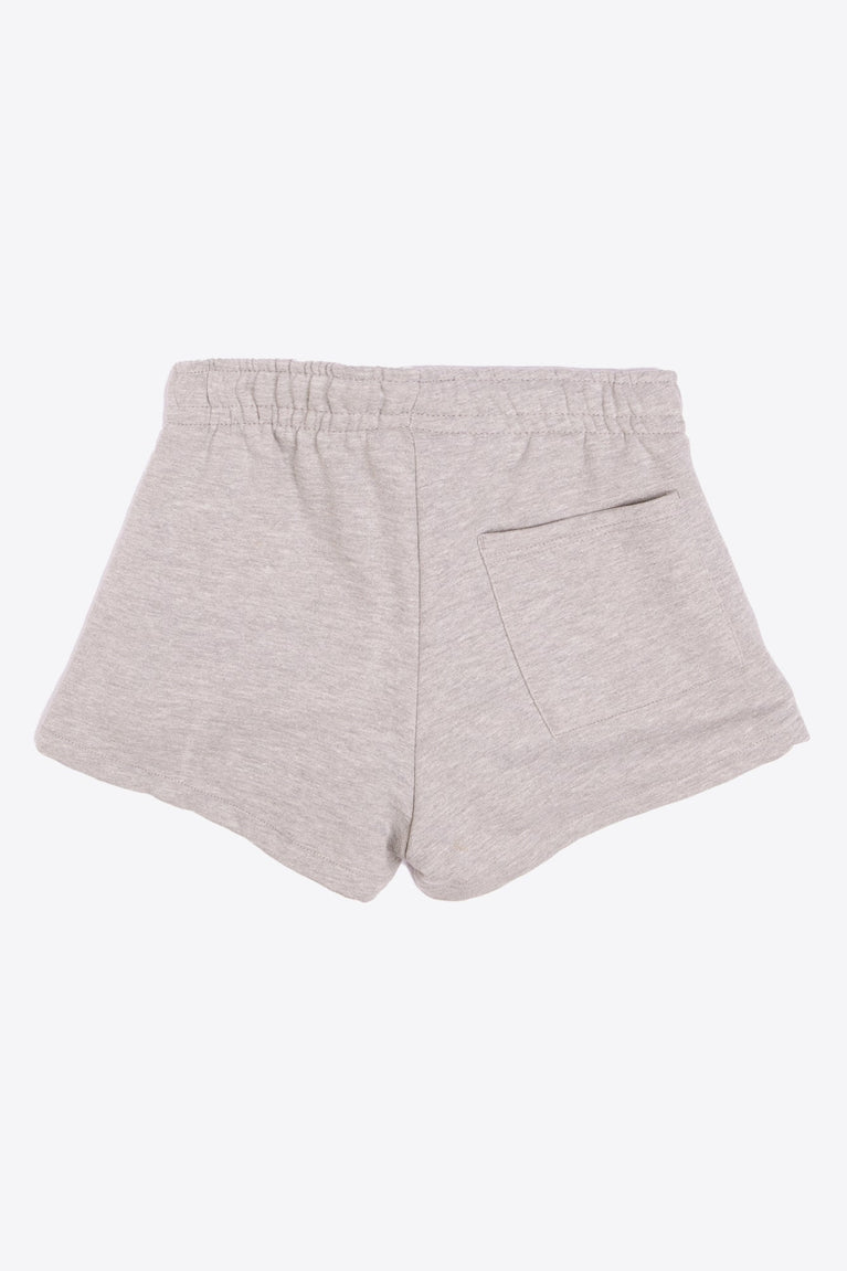 Osaka women shorts in grey with neon green logo. Back flatlay view