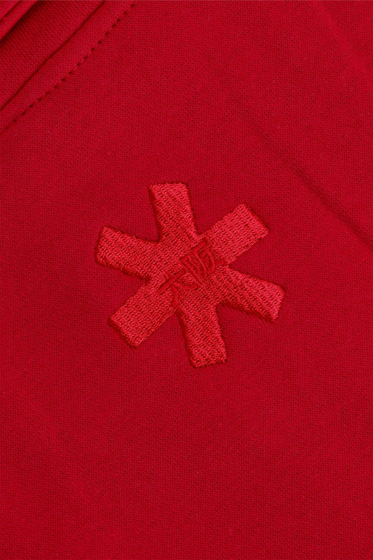 Osaka women half zip sweater in red with white logo. Back detail logo view
