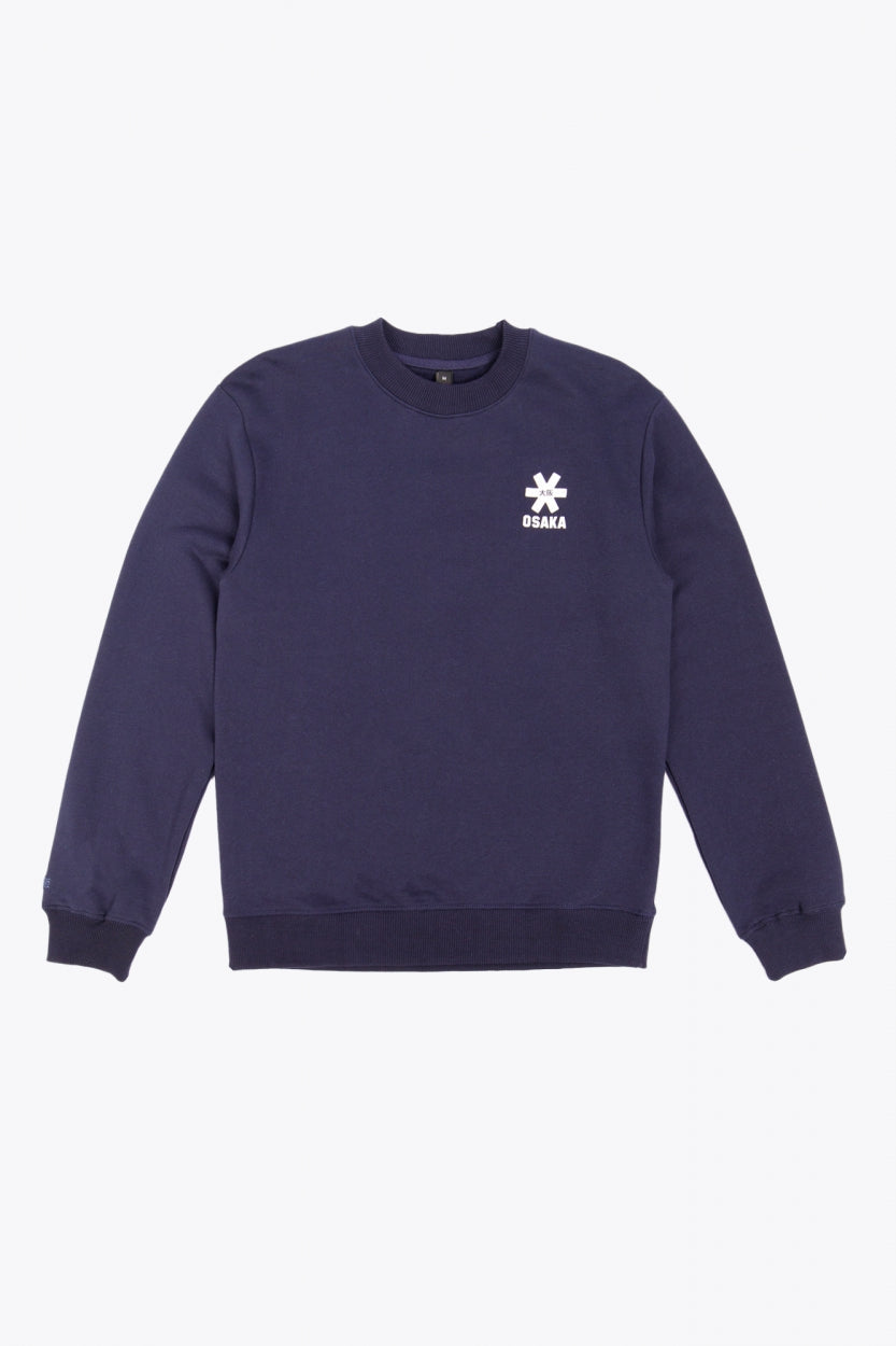Woman and man wearing the Osaka navy basic unisex sweater with logo in white. Front and back view
