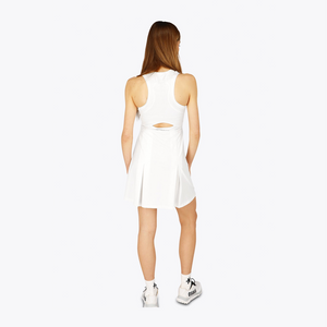 Osaka World Floucy Dress #White | Full body shot of the model wearing the dress from the back
