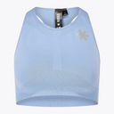 A light blue sleeveless athletic crop top with a ribbed neckline and hem, featuring a metallic silver geometric logo on the left chest. The brand name 'OSNA' is visible on the inner neck tag. #ManorBlue