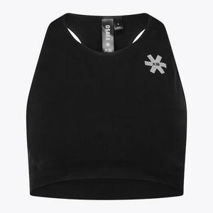 A black ribbed knit sports tank top with a scoop neck, featuring a small white geometric logo on the left chest and a visible 'OSMA' brand tag inside the collar, shown against a plain white background. #FadedBlack