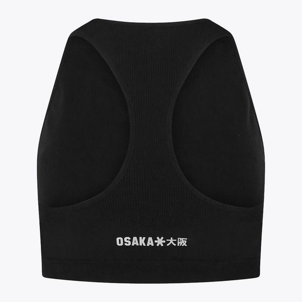 Black ribbed sports bra back view with white 'OSAKA*大阪' text printed at the bottom center, shown on a light gray background. #FadedBlack