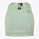 A pale sage green athletic crop top by OSMA, featuring a scoop neck, underwire cups, a textured knit pattern, and a gray logo on the left chest, displayed on a clean white background. #Jadeite