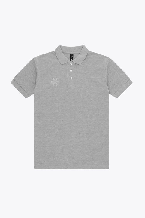 Osaka unisex basic polo in grey with grey logo. Front flatlay view