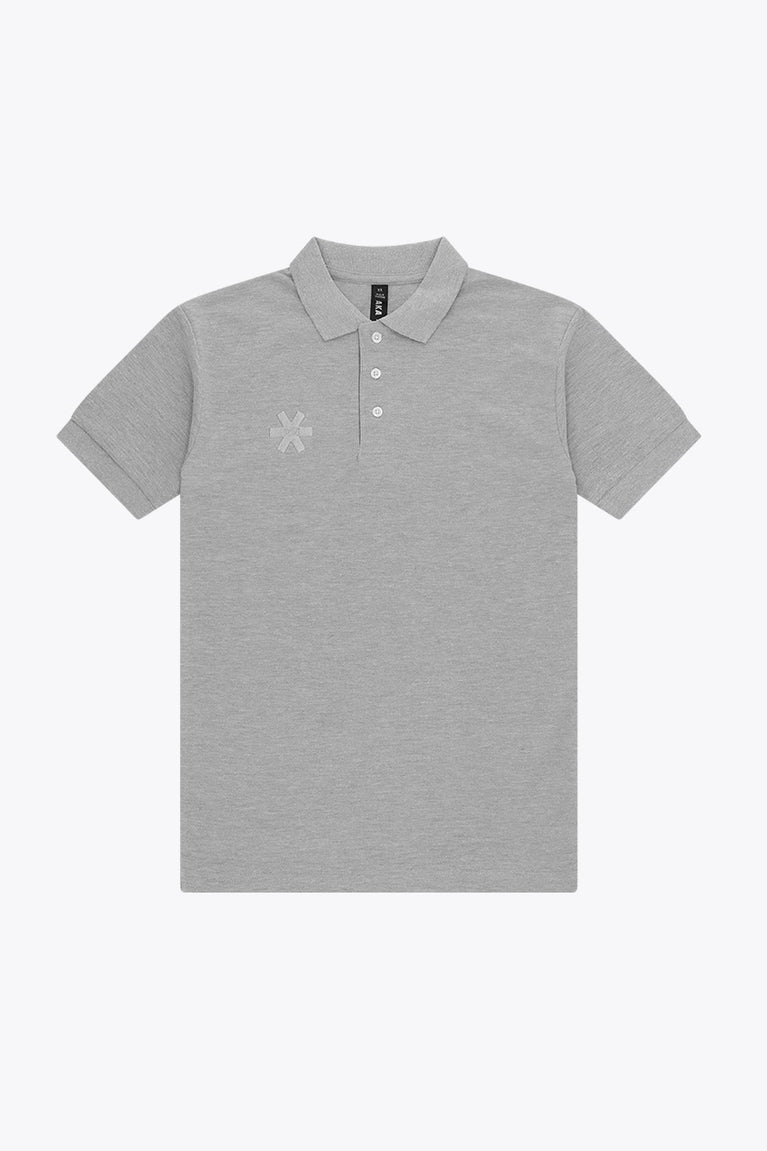 Osaka unisex basic polo in grey with grey logo. Front flatlay view