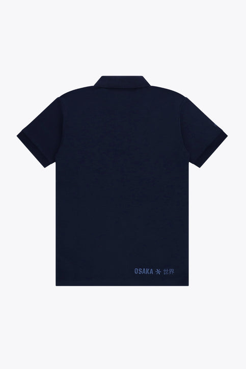 Osaka unisex basic polo in navy with navy logo. Front flatlay view