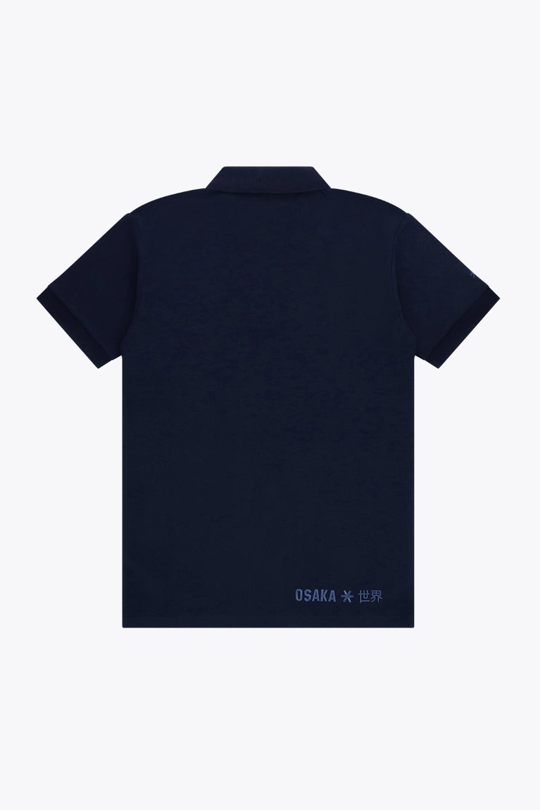 Osaka unisex basic polo in navy with navy logo. Back flatlay view