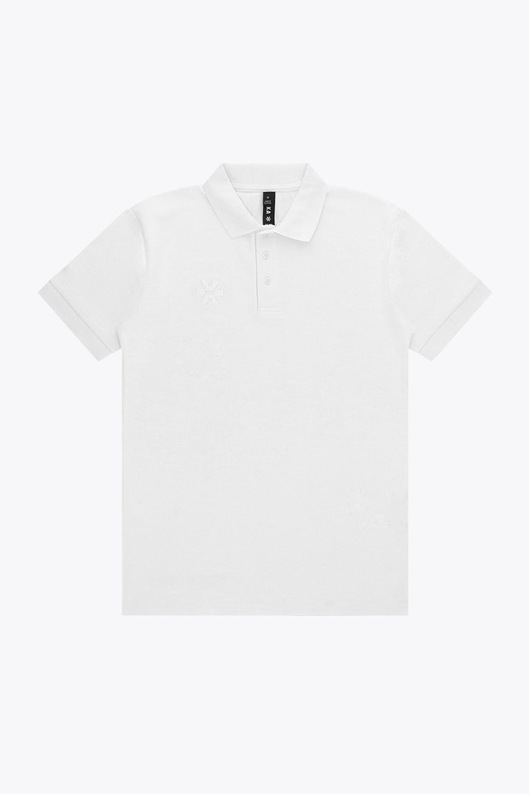 Osaka unisex basic polo in white with white logo. Front flatlay view