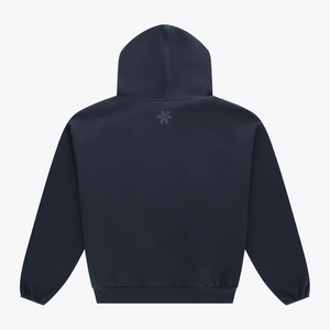 Navy unisex knit hoodie, back view with small emblem under the hood #Navy