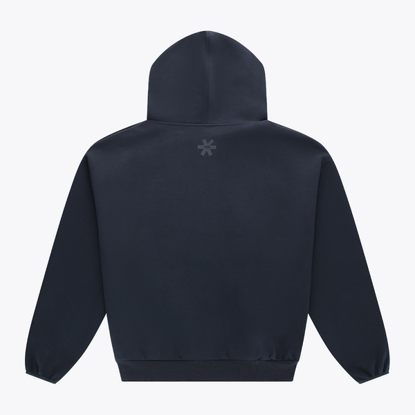 Navy unisex knit hoodie, back view with small emblem under the hood #Navy