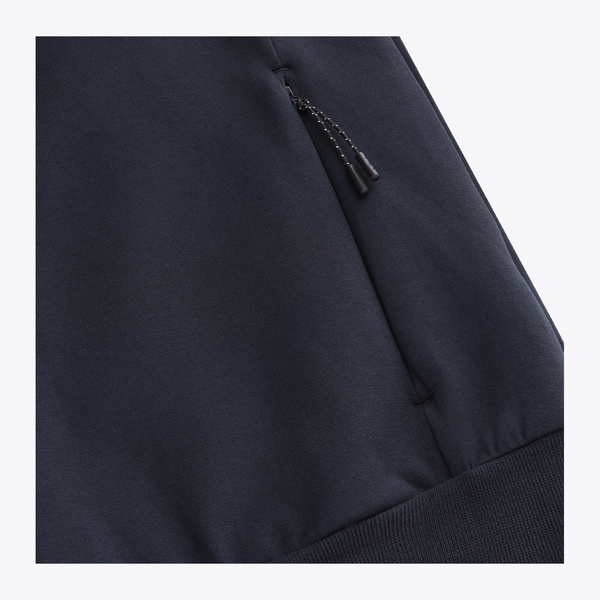 Navy unisex knit hoodie sleeve detail with drawstring and reinforced pocket seam #Navy