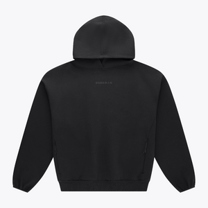 Black unisex hoodie with pullover hood and kangaroo pocket, back view. #Black