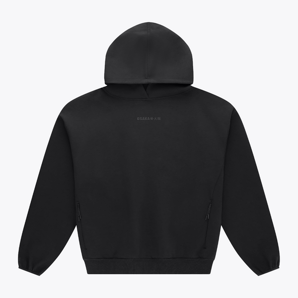Black unisex hoodie with pullover hood and kangaroo pocket, back view. #Black