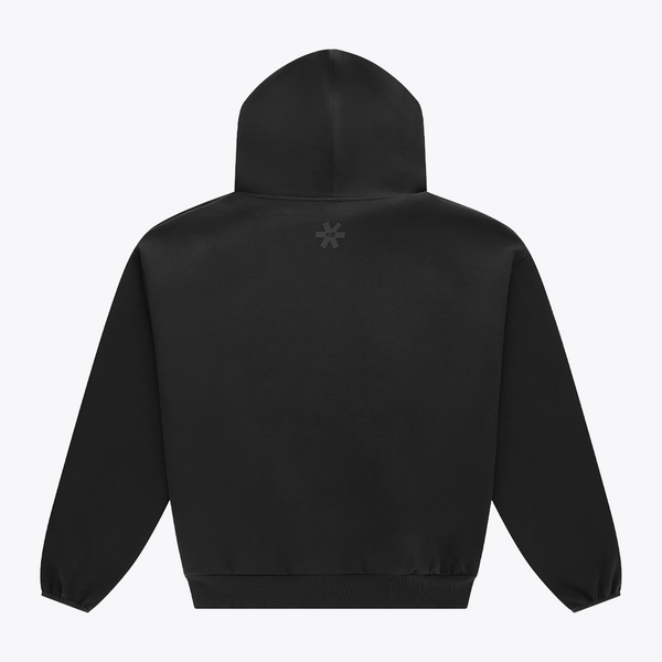 Black unisex hoodie with pullover hood and kangaroo pocket, back view detail. #Black
