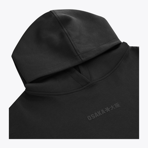 Black unisex hoodie hood with drawstring and stitched collar seam. #Black