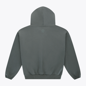 Dark grey melange unisex hoodie with hood, small chest logo, back view #DarkGreyMelange