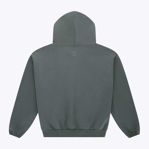 Dark grey melange unisex hoodie with hood, small chest logo, back view #DarkGreyMelange