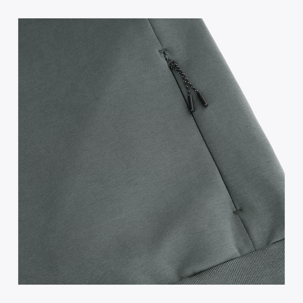 Dark grey melange unisex hoodie front with drawstring and kangaroo pocket seam #DarkGreyMelange